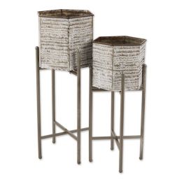 Accent Plus Galvanized Sheet Metal Rustic Plant Stand Set - Hexagon