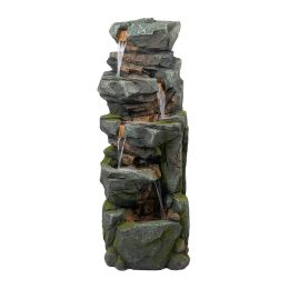 52"Tall 5-Tier Stone Foutain Natura Green Polyresin Rock Water Feature with Light for Patio & Backyard