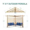 9x9 FT Solid Wood Pergola with Corner Seating and Table;  Outdoor Patio Corner Pergola with Cushioned Sofa for Garden;  Backyard;  Poolside