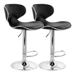 Elama 2 Piece Slim Faux Leather Adjustable Bar Stool in Black with Chrome Base