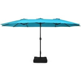 15 Feet Double-Sided Twin Patio Umbrella with Crank and Base (Color: Turquoise)