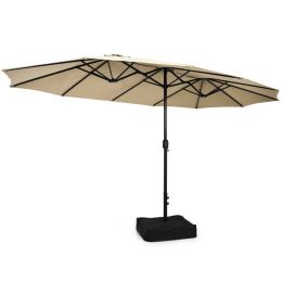 15 Feet Double-Sided Twin Patio Umbrella with Crank and Base (Color: Beige)