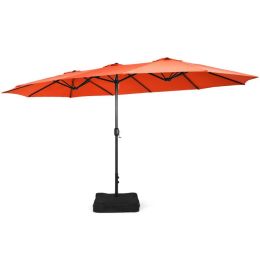 15 Feet Double-Sided Twin Patio Umbrella with Crank and Base (Color: Orange)