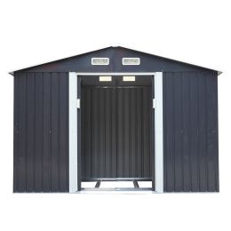 6.3' x 9.1' Outdoor Backyard Garden Metal Storage Shed for Utility Tool Storage (Color: Dark Gray)