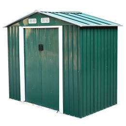 4.2' x 7' Outdoor Storage Shed, Backyard Tool House with Sliding Doors, Base, Vents, Metal Lawn Equipment (Color: Green)